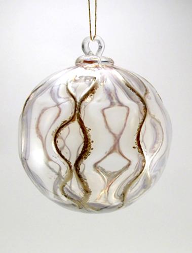 Elegant and simple solid colored glass ornaments with metallic lusters accenting the rope-like patterning. Approx. 3"w x 4"h