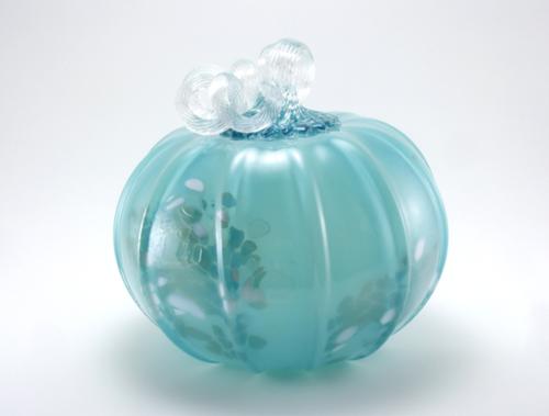 Blown glass pumpkin, opaque turquoise blue glass with scattered metallic blue accents. Approx. 6" x 6"